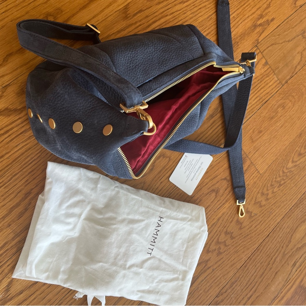 Hammitt Morgan Navy Shoulder Bag with Gold Accents EUC SFPF Nubuck - Picture 2 of 3